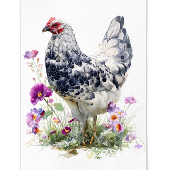 Watercolor Speckled Hen with Flowers Portrait Wall Art Print Poster, Unframed - Picture 2 of 6